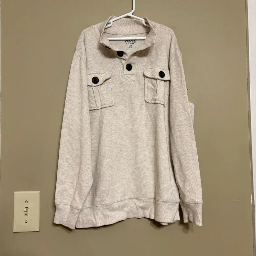 Old Navy Boys Light Tan Sweater Quarter Button Down Waffle Sweater Large
